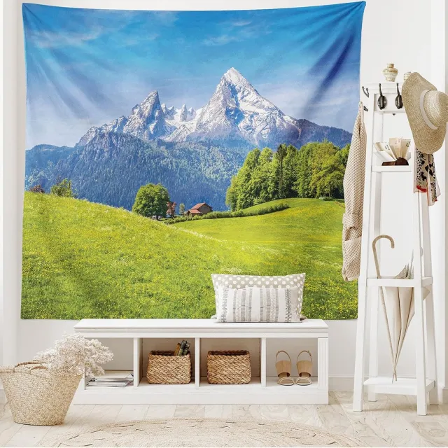ABAKUHAUS Bergwandtapijt, Alpen met weideflora, woonkamer slaapkamer wanddoek zijdezacht satijn wandtapijt, 150 x 100 cm, groenblauw