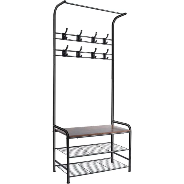 HOERFURIY 4-in-1 kapstok met schoenenbank - Industriële metalen kapstok met legplanken, 8 haken & zitbank, 60 x 30 x 180 cm ,bruin