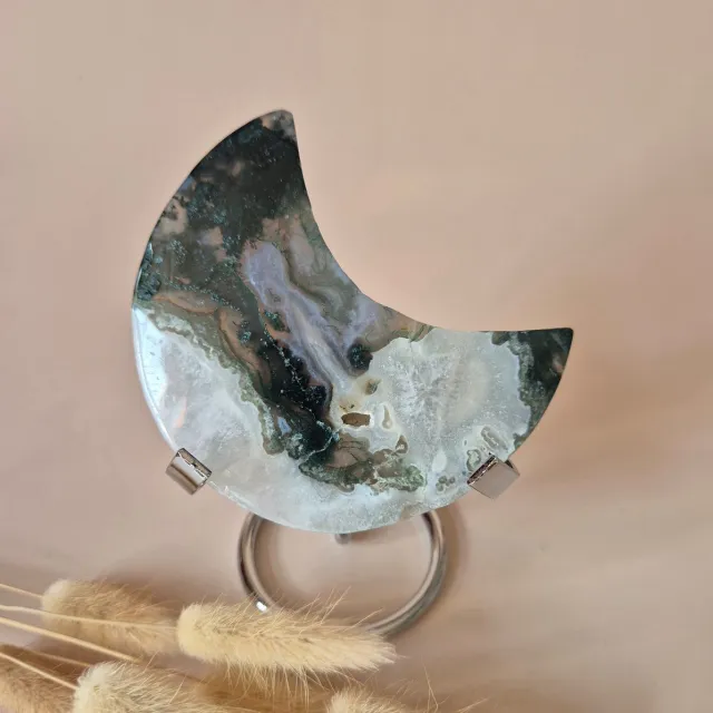 Moonlight Gemstones XL Edelsteen Mosagaat Maan op Standaard (Druzy & Patronen) #187 - 153gr