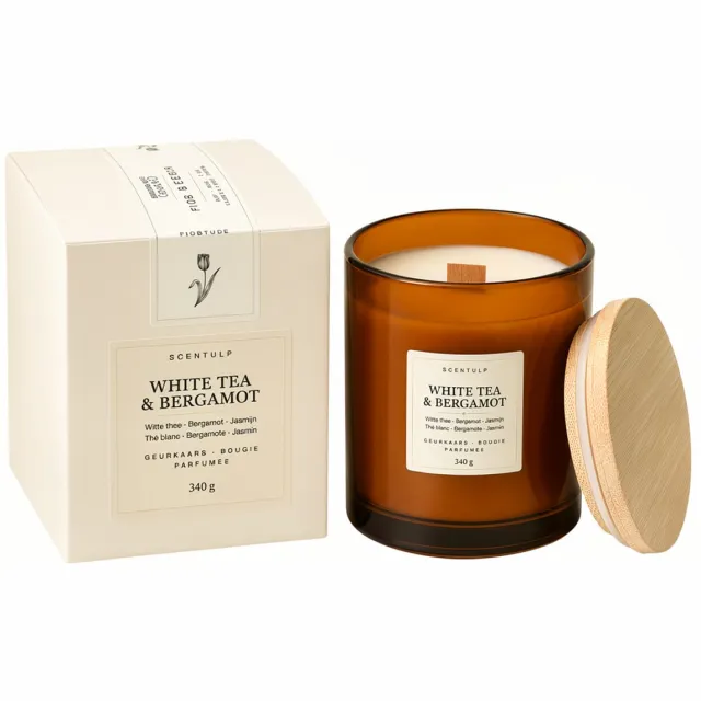 Scentulp Geurkaars White Tea & Bergamot - Sojawas - Houten lont Bruin