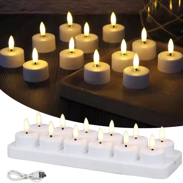Flintry Oplaadbare LED-Theelichtjes - LED-Kaarsen Met Oplaadstation voor Thuis, Restaurants, Feestdagen en Bruiloftsdecoratie - 12 Kaarsen (Exclusief Afstandsbediening)