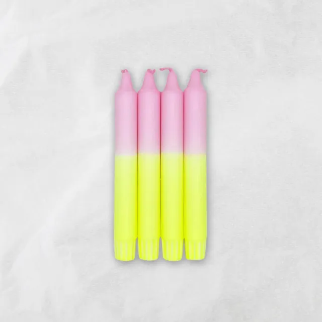 MingMing Bubblegum & Neon Geel - Dip Dye Kaarsen - set van 4 - handgemaakte kaarsen - dinerkaarsen