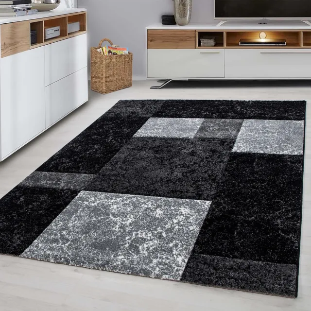 Ayyildiz Laagpolig vloerkleed, geruit patroon, zwart, woonkamerkleed, jute achterkant, afmeting: 160 cm x 230 cm