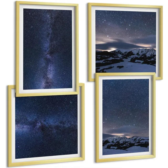 TULUP 4-Delige Schilderij Set - Nachtelijke hemel met sterren en berglandschap - 40 x 40 cm en 40 x 60 cm - Decoratieve Muurdecoratie - Slaapkamer Gouden lijst