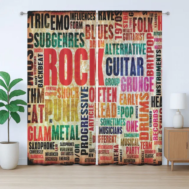 ABAKUHAUS Muziek Rustiek Gordijn, Rock 'n' Roll Poster, Slaapkamergordijn met Plooiing, Lusjes en Haken, 280 x 245 cm, Roodbeige