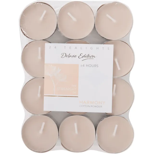 Deluxe Edition geurtheelichten | Katoen Fris Bloemenaroma | 4 branduren | Geurkaarsjes | 24X stuks | Waxinelichtjes | Geurkaars | HARMONY Cotton Powder | Bruine/Khaki kaarsen