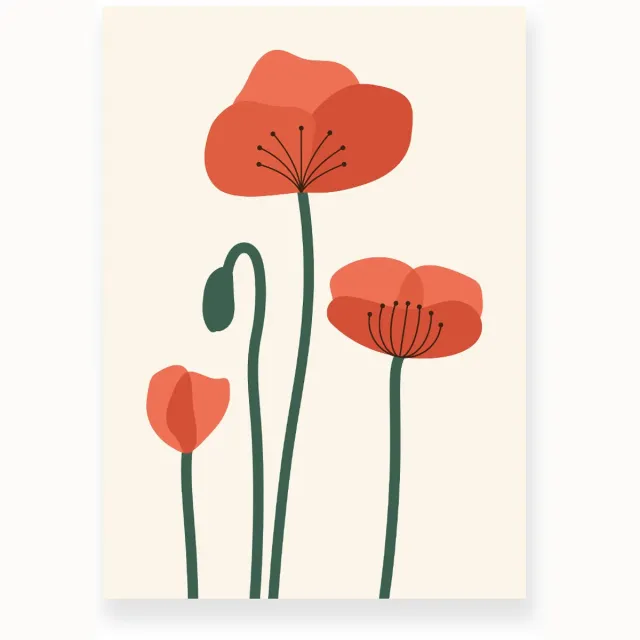 Yisual Poster 20x30 cm - Klaprozen - Bloemen - Planten - Rood - Beige - Minimalistisch - Botanisch - Muurdecoratie - Wanddecoratie