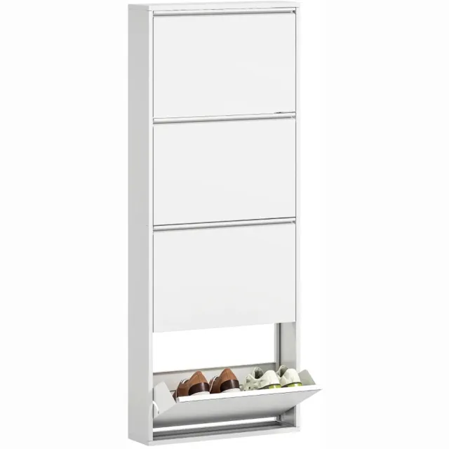 ZYLARO Schoenenkast - Smal - Metaal - Voor Maximaal 8 Paar Schoenen - 4 Kantelladen - Voor Hal En Entree - Wit