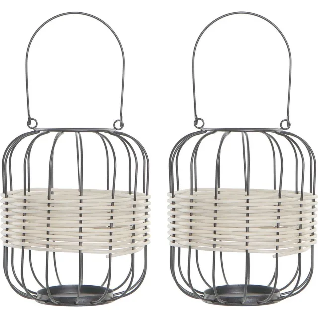 Item International Set van 2x stuks metalen rotan theelichthouders / lantaarns wit 23 cm - Waxinelichtjeshouder - Windlicht