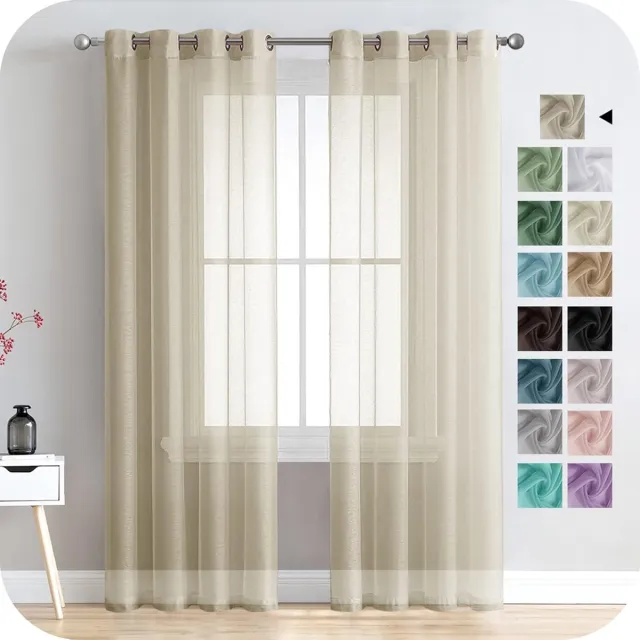 PolkaHome Transparant voilegordijn, 245 cm lang, 2 panelen, linnenlook, met zeilringen, voor slaapkamer, woonkamer, terrasdeur, 140 x 245 cm, beige (biscuit) Koekje