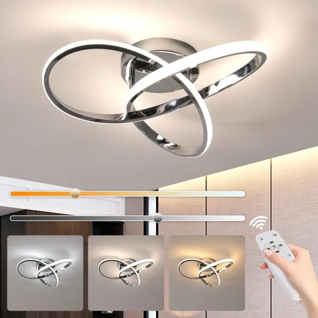 Riserva LED Plafondlamp modern art‑deco klaver chroom, 40cm, 36W traploos dimbaar 3000‑6500K met afstandsbediening, aluminium + ijzer + siliconen