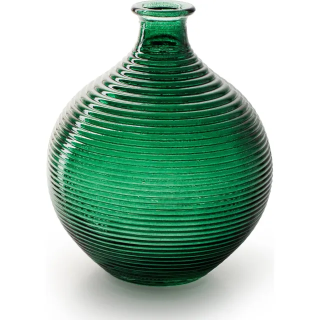 Jodeco Bloemenvaas/flesvaas - groen - bolvorm met ribbel - 16 x 20 cm