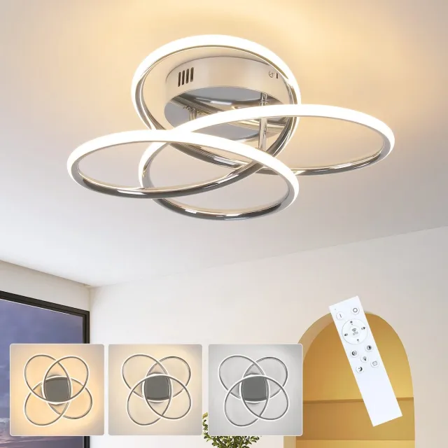 NETTLIFE Plafondlamp LED - Nikkel - 36cm - 3000-6000K Dimbaar - Moderne Keukenverlichting - met Creatief ontwerp - met Afstandsbediening - voor Slaapkamer | Woonkamer | Hotel - 44W Zilver
