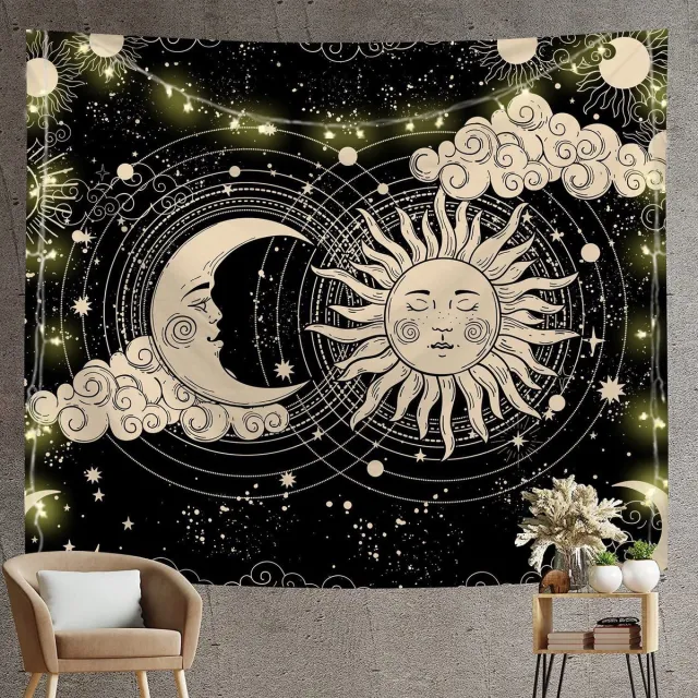 Ibenzoa Betoverend Wandtapijt met Zon en Maan in Zwart en Goud voor Mystieke Muurdecoratie