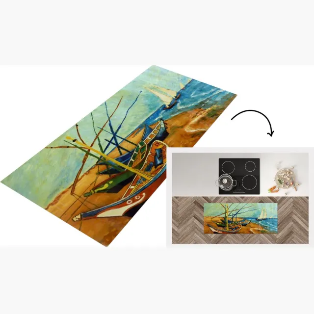KitchenYeah Keukenloper - Loper keuken - Vissersboten op het strand - Vincent van Gogh - Keukenloper vinyl Multicolor