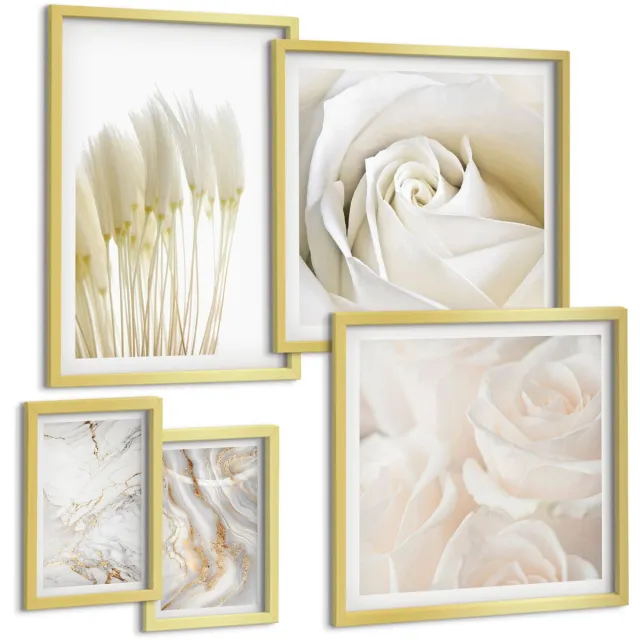 Coloray 5-Delige Schilderij Set - Elegante Witte Rozen En Marmeren Decoratieve Accenten - 50 x 50 cm, 20 x 30 cm En 40 x 60 cm - Muurdecoratie - Wanddecoratie - Slaapkamer Gouden lijst