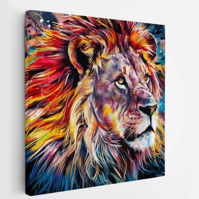 Saammp Canvas Schilderij - Abstracte Leeuw - Kleurrijk - Dieren - Natuur - Portret - 60x60 - Foto op canvas - Wanddecoratie - Muurdecoratie Woonkamer - Slaapkamer decoratie - Canvas Print Multicolor