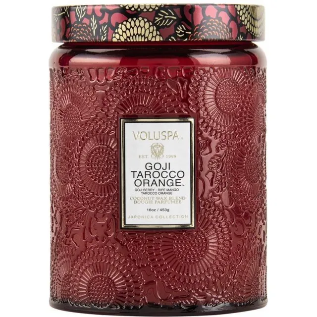 Voluspa Embossed Glass - Geurkaars - Groot - 450gr - Goji Tarocco Orange Rood