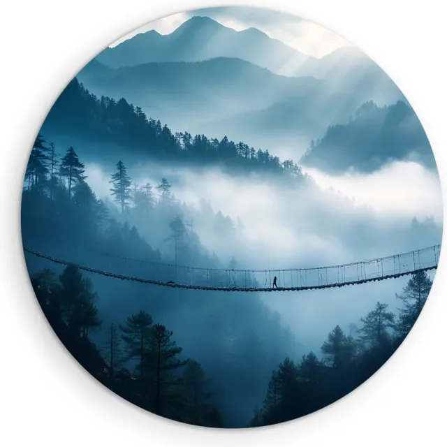 Saammp Muurcirkel Hout - Natuur - Hangbrug - landschap - Ø 50 - Wandcirkel - Wanddecoratie Cirkel - Muurdecoratie Woonkamer - Slaapkamer decoratie - Rond Schilderij