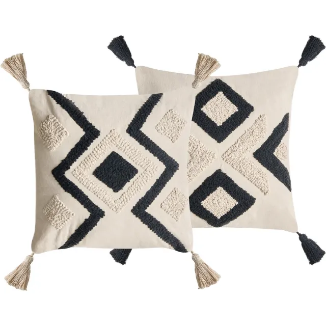Beliani SARACA - Sierkussen set van 2 - Beige/Zwart - Katoen