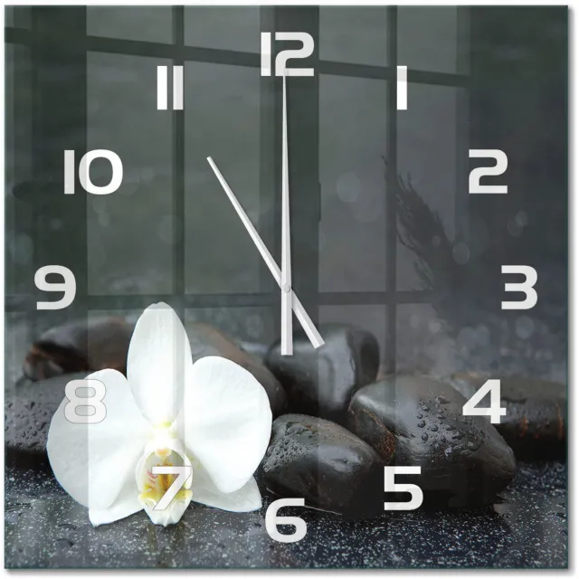 TULUP Wandklok - Orchidee Klok Glas Met Opdruk - 60x60 cm - Zwart Moderne Wandklok Glas - Witte handen - Vierkante Klok - Decoratieve Glazen Klok - Glazen Wandklok Design