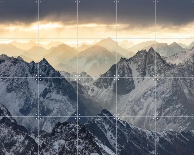 IXXI Swiss Alps, Claire Droppert - 100 x 80 cm - Grote wanddecoratie en posters - Naturalisme, Fotografie, Realisme, Slaapkamer, Woonkamer Donkere tinten / Grijs / Wit / Goud