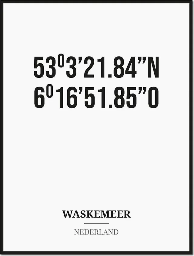 Studio216 Poster/kaart WASKEMEER met coördinaten zwart, wit