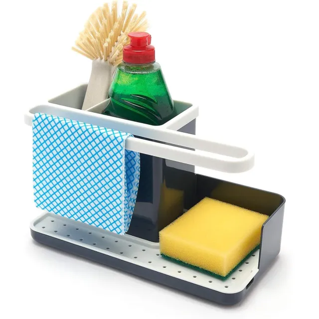 Famanu Gootsteen caddy aanrecht organizer, verwijderbaar lekbakje en antislip, organizer voor spons en afwasmiddel, grijs wit