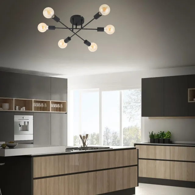 Trango 6-vlams plafondlamp 1012-65ASD zwart-mat *SKY* incl. 6x 4 Watt 3-traps dimbaar E27 2500K Amber LED lamp vintage kroonluchter, ganglamp, keukenlamp, plafondlamp, woonkamerlamp Zwart mat