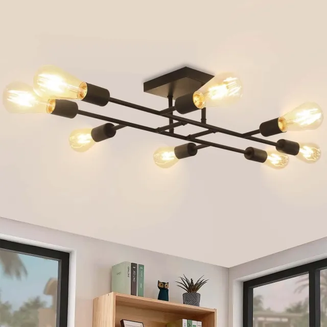 NETTLIFE Plafondlamp - E27 Fitting - 8-Lichts - Vintage - Zwart en Goud - Metalen Plafondverlichting - 67cm Woonkamerlamp - voor Slaapkamer - Keuken | Gang - Max. 25W