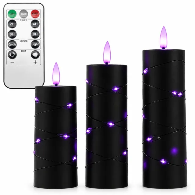 SWGOTA led kaarsen, 3 per doos, zwart met paarse vlamtop en lichtsnoer rondom, inclusief kleine afstandsbediening en knoopcelbatterij voor de afstandsbediening