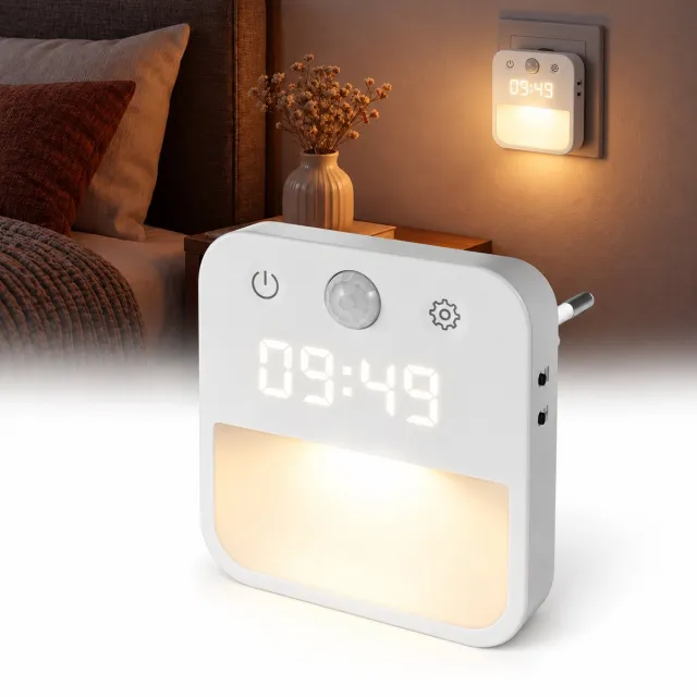 Namajunas Nachtlampje Stopcontact met Klok - LED Nachtlamp met Bewegingssensor - Dimbaar - 3 Kleurtemperaturen - Voor Slaapkamer, Gang en Trap Wit
