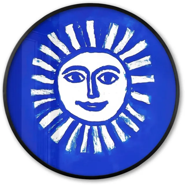 FrameYourWall Poster in lijst Rond - Fotolijst 60x60 cm - Posters - Zon - Gezicht - Penseelstructuur - Blauw - Ronde posterlijst zwart - Decoratie - Wanddecoratie woonkamer - Muurdecoratie slaapkamer
