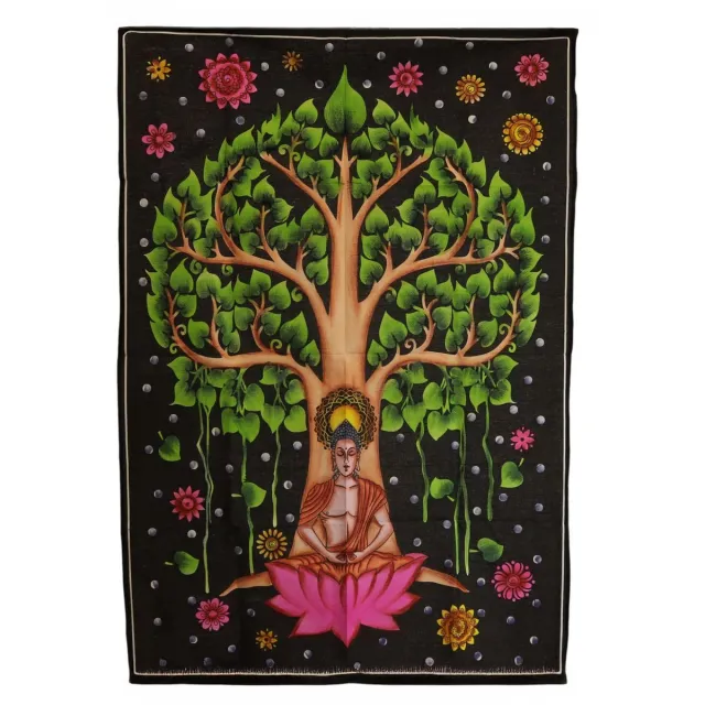 Ancient Wisdom Wandkleed - Katoenen wanddecoratie 70x110cm Boeddha Bodhiboom - muurdecoratie - interieur - kunst - boeddhisme - vintage - decoratie multicolor
