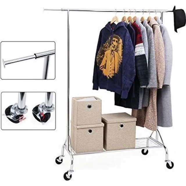 Songmics Heavy Duty Verrijdbaar Kledingrek met Uitschuifbare Kledingstang van 110,5 -> 150,5 Cm. met Zwenkwielen | Stevig Staand Mobiel Verstelbaar Kleren Rek Garderoberek | Afm. 150,5 x 48,5 x 160 Cm. | Kleur: CHROME