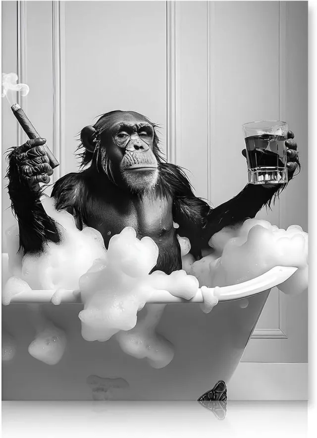 Cosensi Grappige chimpansee in bad roken poster voor badkamer decor - zwart-wit dier muurkunst - humor foto voor toilet - 30 x 40 cm Any