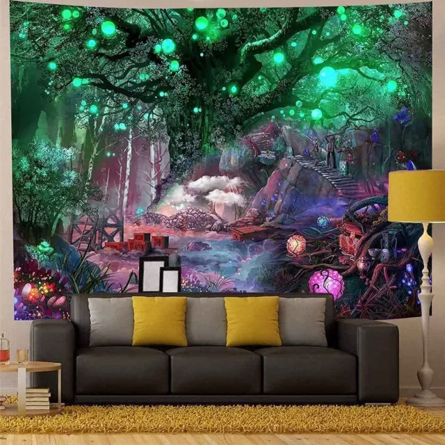 Unyqoos Psychedelisch wandtapijt met zon, maan en boom voor sfeervolle decoratie Kleurjik