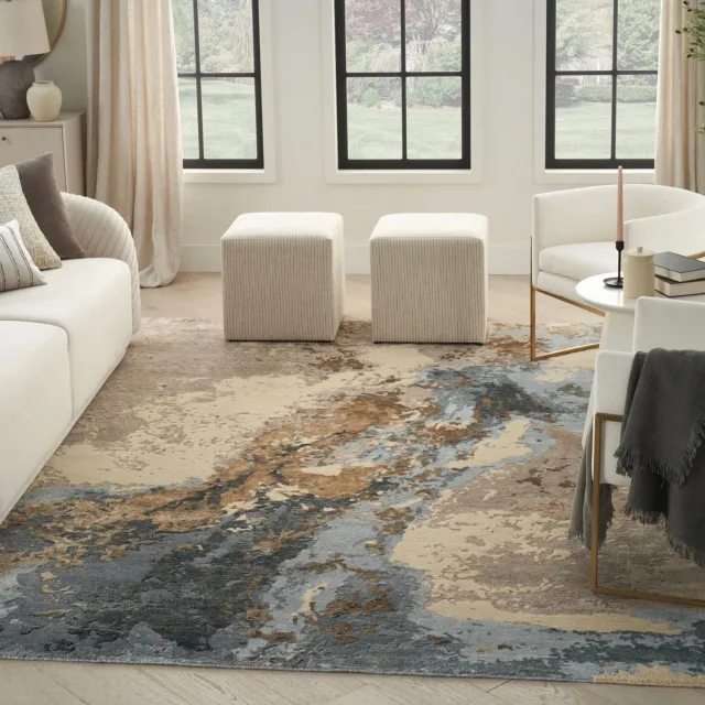Nourison Silk Shadows SHA23 Beige Blue Vloerkleed - 114 x 175 cm - Veelkleurig - Rechthoekig - Bamboezijde, Wol - Woonkamer, Eetkamer, Slaapkamer - Abstract - Modern, Design