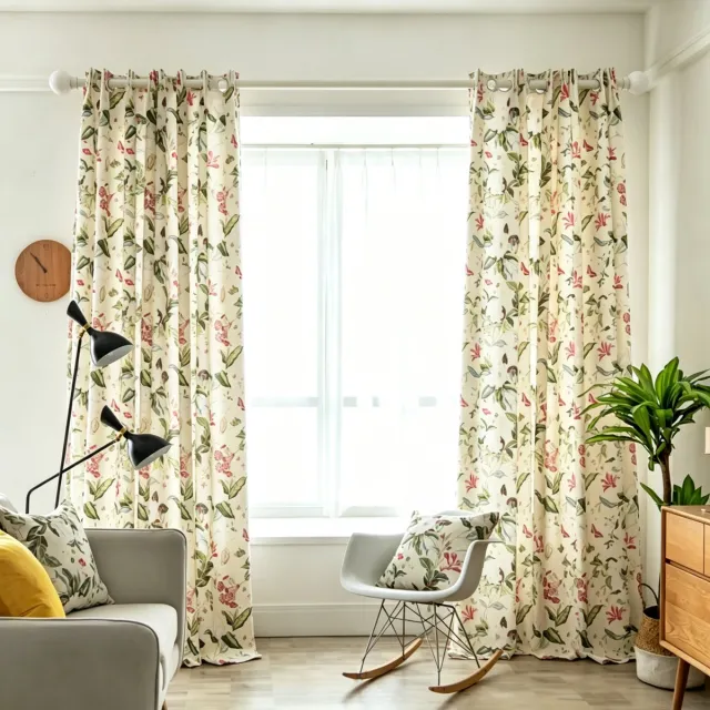 Floraweg , gordijnen met bloemenprint in Amerikaanse countrystijl; verduisterende stof van een katoen-linnenmix; vintage kanten gordijnen met bloemenprint voor de woonkamer en slaapkamer, 132 x220 cm melkwit