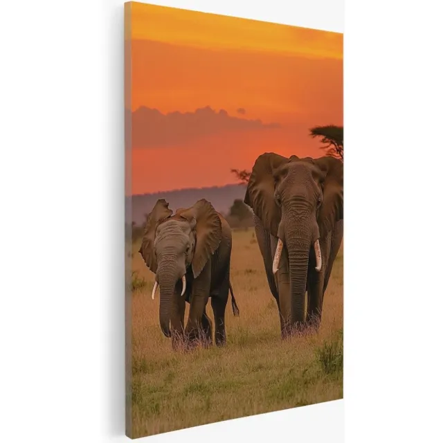 Saammp Canvas Schilderij - 2 Olifanten - Dieren - Natuur - 30x45 - Foto op canvas - Wanddecoratie - Muurdecoratie Woonkamer - Slaapkamer decoratie - Canvas Print Multicolor