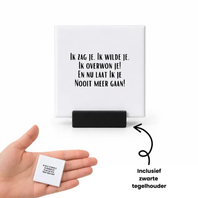 Hacebo ik zag je, ik wilde je, ik overwon je! en nu laat ik je nooit meer gaan! tegeltje met tegelhouder - mensen die liefde willen delen naar iemand - tegeltjes met tekst - Valentijnsdag - cadeautje - spreuktegels - 4.8x4.8 CM Wit