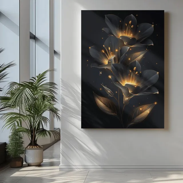 Trendex Global Canvas Schilderij - Gouden Bloemen - Wall Art - 150x100x2 cm Zwart