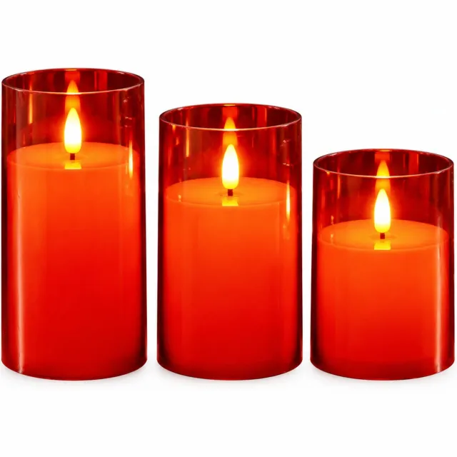 SWGOTA led kaarsen, set van 3, rood met transparante cilinderkap, diameter 7,8 cm, hoogtes 10/12,5/15 cm, warme sfeerverlichting