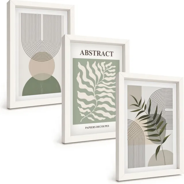 TULUP 3-Delige Schilderij Set - Botanische abstracte vormen in boho-rustieke stijl - 20x30 - Wanddecoratie - Schilderijen Set - Interieur - Interieur Decoratie Witte lijst