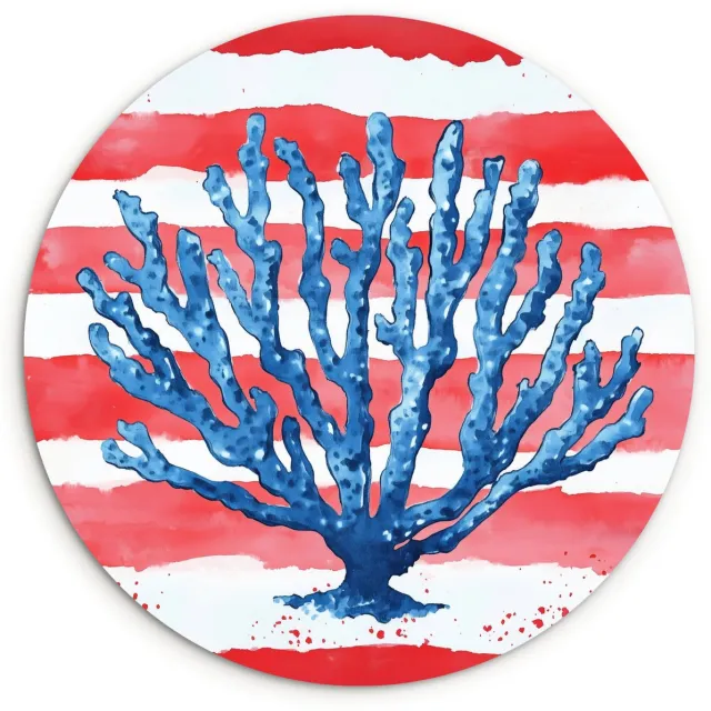 WallCircle Wandcirkel 30x30 cm - Muurcirkel Koraal - Verfstructuur - Rood - Blauw - Muurdecoratie woonkamer - Wanddecoratie slaapkamer - Kamer decoratie accessoires - Ronde schilderijen Koraal - Strepen
