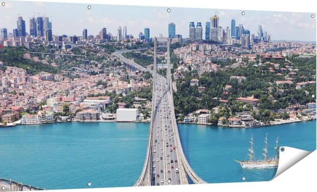 Gards Tuinposter Istanbul Bosporus Brug vanaf Boven - 180x90 cm - Tuindoek - Tuindecoratie - Wanddecoratie buiten - Tuinschilderij Multikleur