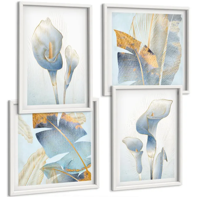 TULUP 4-Delige Schilderij Set - Fijne blauwe bloemen en bladeren op een lichte achtergrond. - 40x40 en 40x60 - Stijlvolle Muurdecoratie - Slaapkamer - Wanddecoratie Witte lijst