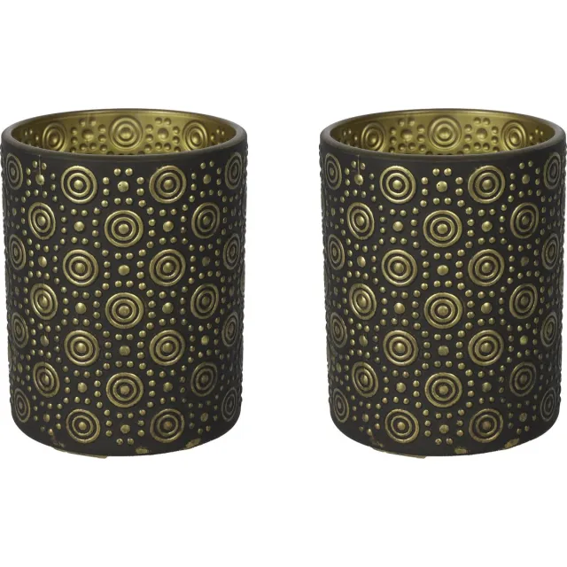 Countryfield Luxe theelichthouder - 2x stuks - Fantasy - glas - zwart/goud - D8 x H10 cm
