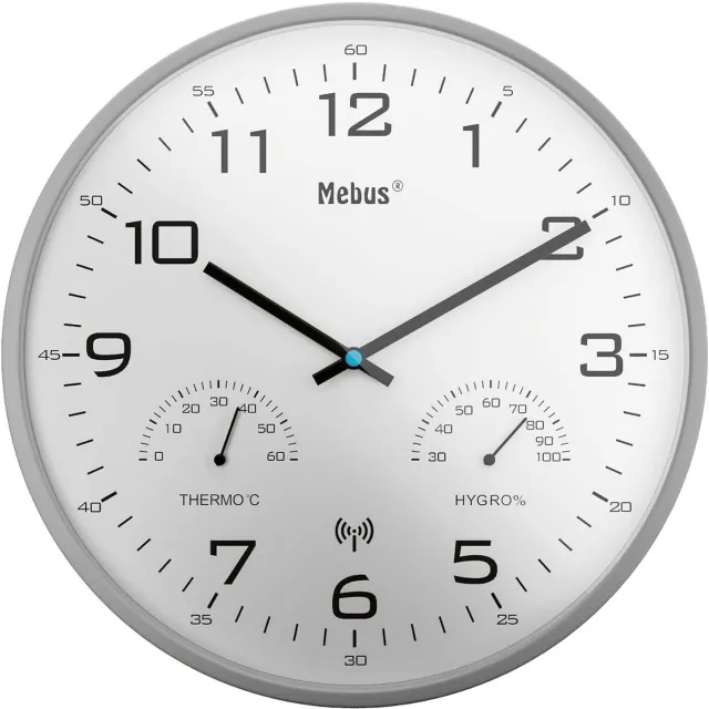 Mebus Tijdsein gestuurd wandklok met thermometer / hygrometer, zilverkleurig/ grijs Leer