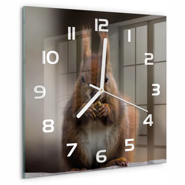 TULUP Wandklok - Eekhoorn Decoratieve Glazen Klok - 30x30 cm - Bruin Glazen Wandklok Design - Witte handen - Vierkante Klok - Glazen Klok Met Print - Wandklok Glas Met Motief